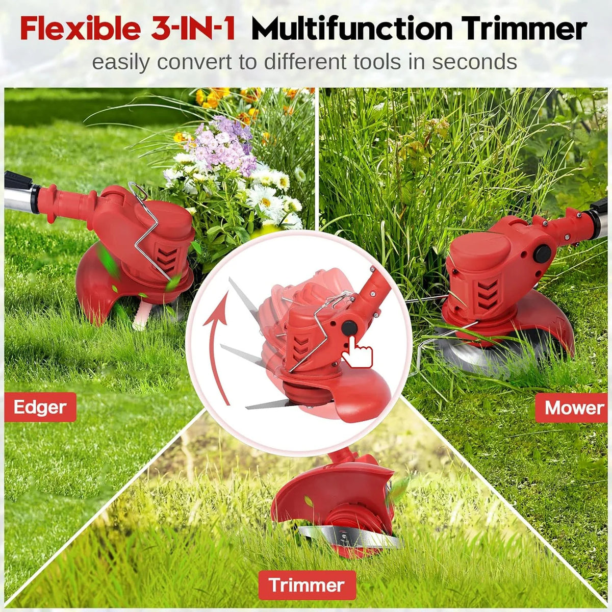 Cordless Electric Weed Trimmer Edger Mower 3-in-1 Cutting Tool Y86045