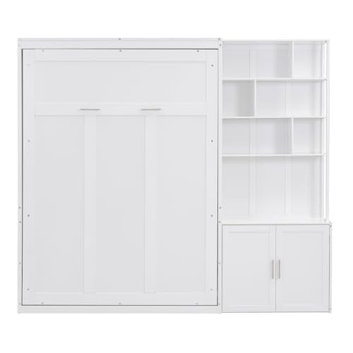 White Full Size Wood Murphy Bed with Storage Shelves and Cabinet W498594