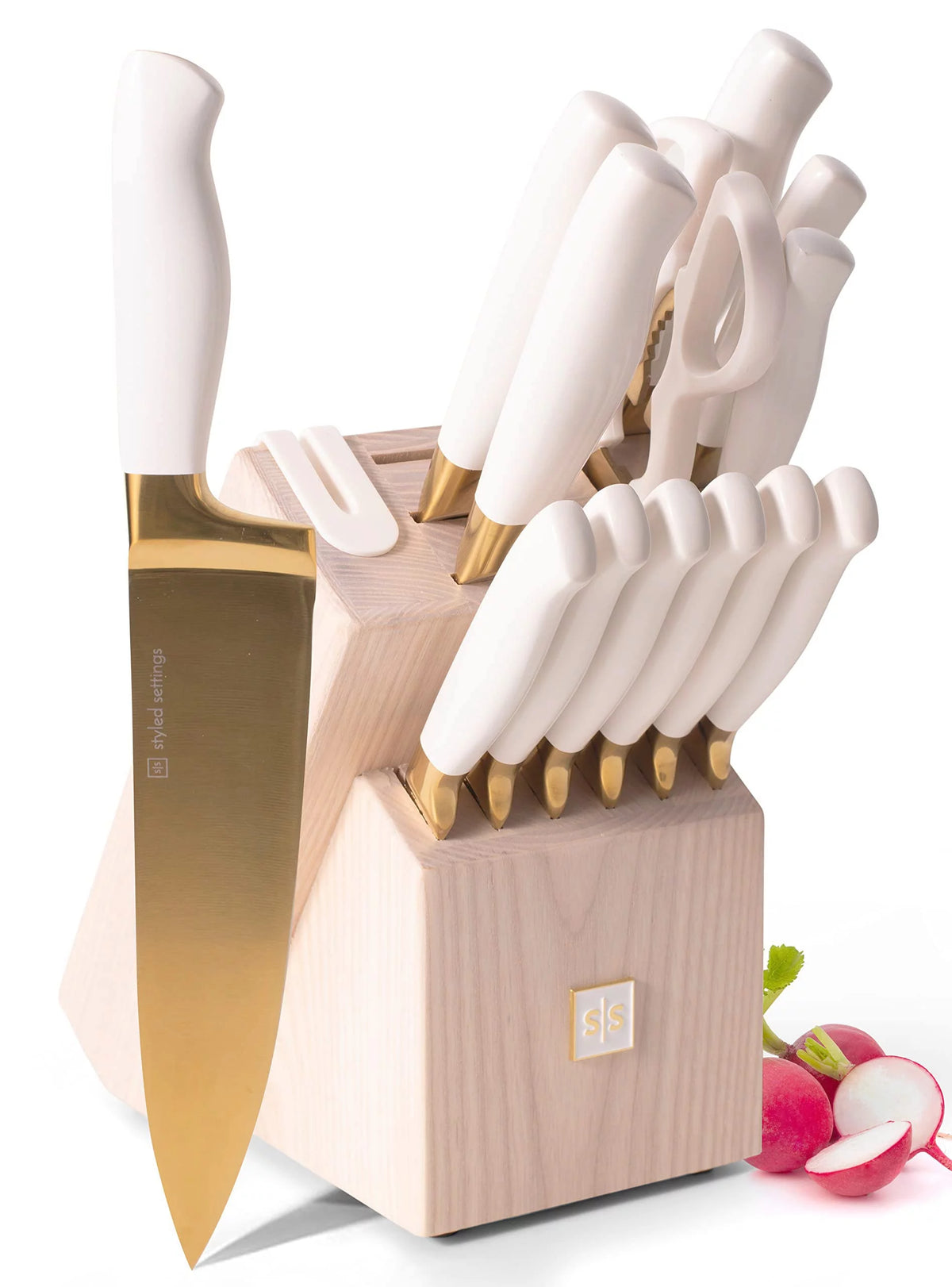 White and Gold 14 Piece Titanium Coated Knife Set with Block D388756