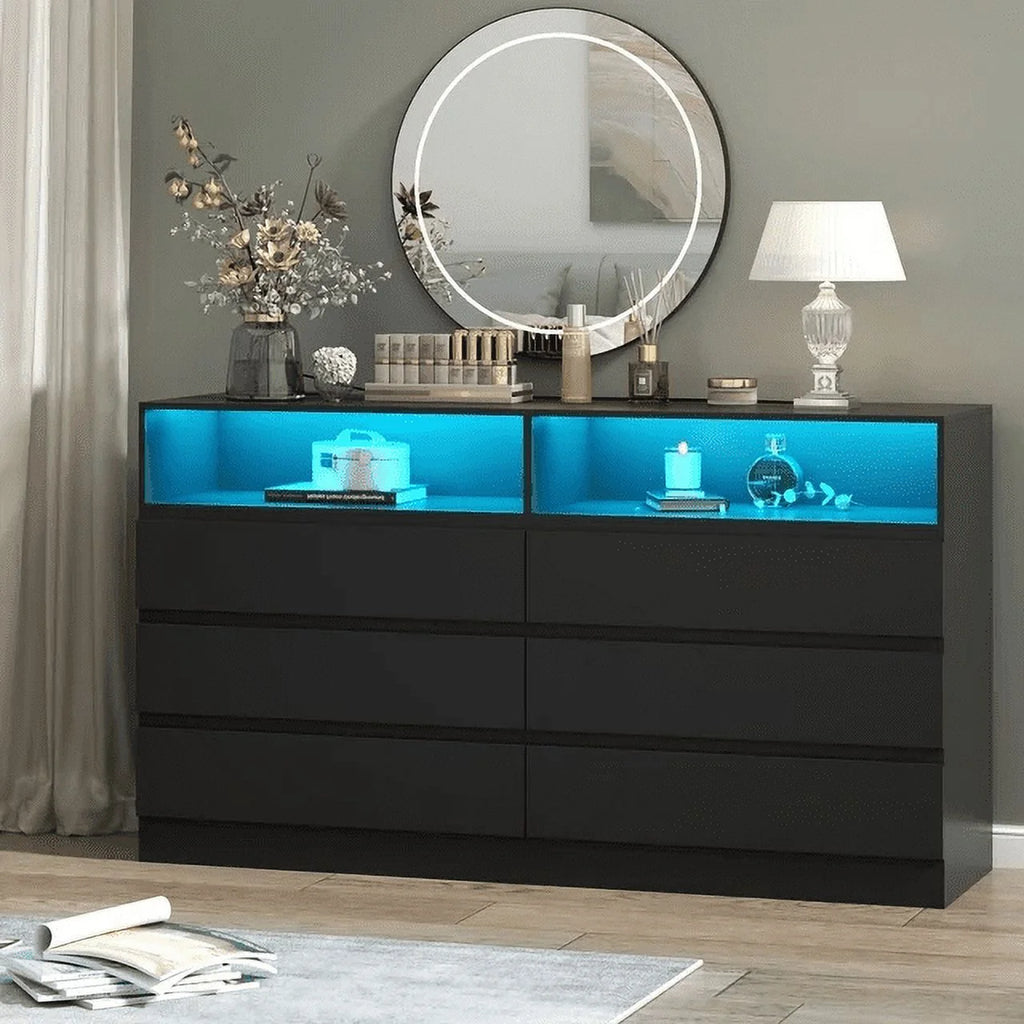 6 Drawer Double Dresser with Power Outlet and LED Light, White E559089