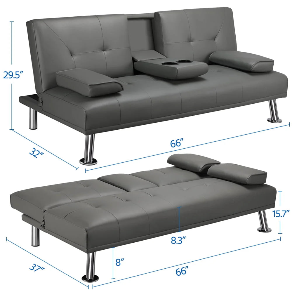 Gray Faux Leather Futon with Cupholders and Pillows J4372
