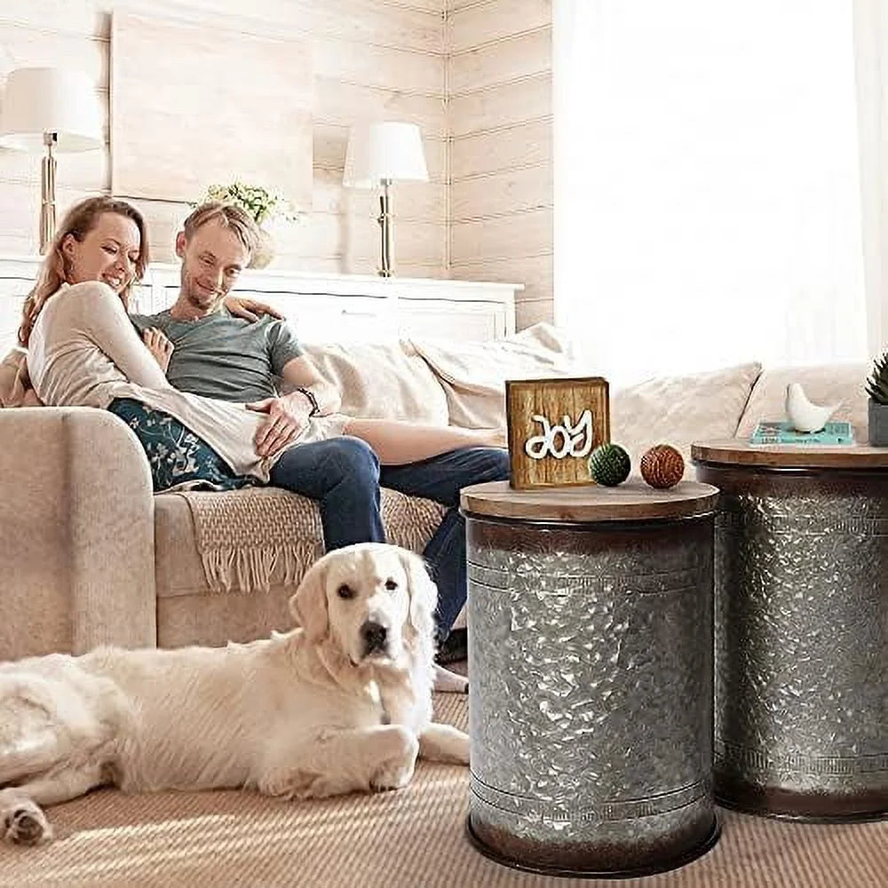 Farmhouse Accent Side Table Ottoman Seat Stool Metal End Table Box Bin with Round Wood Lid C177