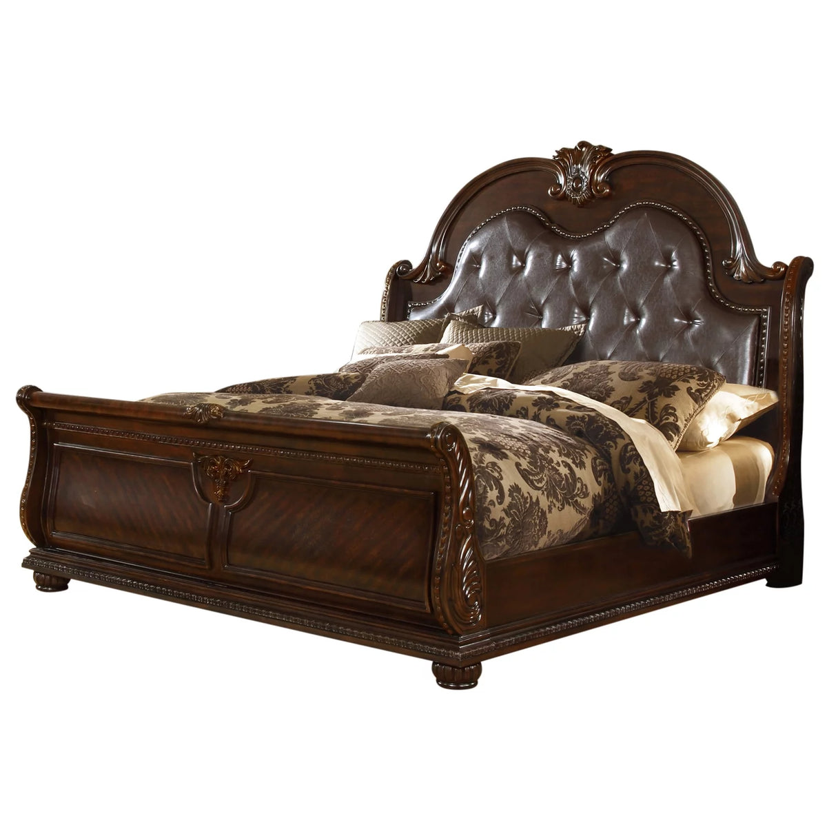 Queen Size Upholstered Wood Bed in Dark Walnut F157
