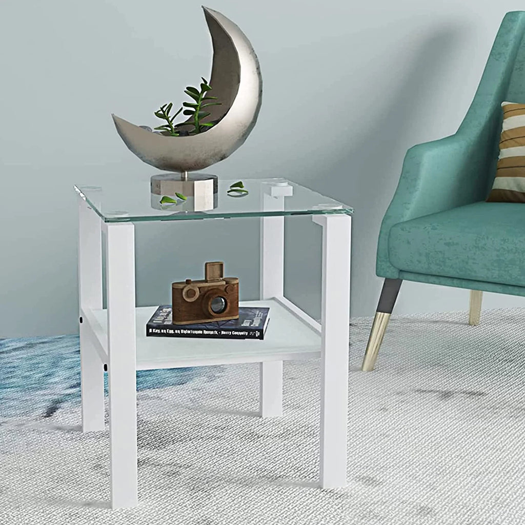 Glass End Table, 2 Layer White Small Corner Table V25306
