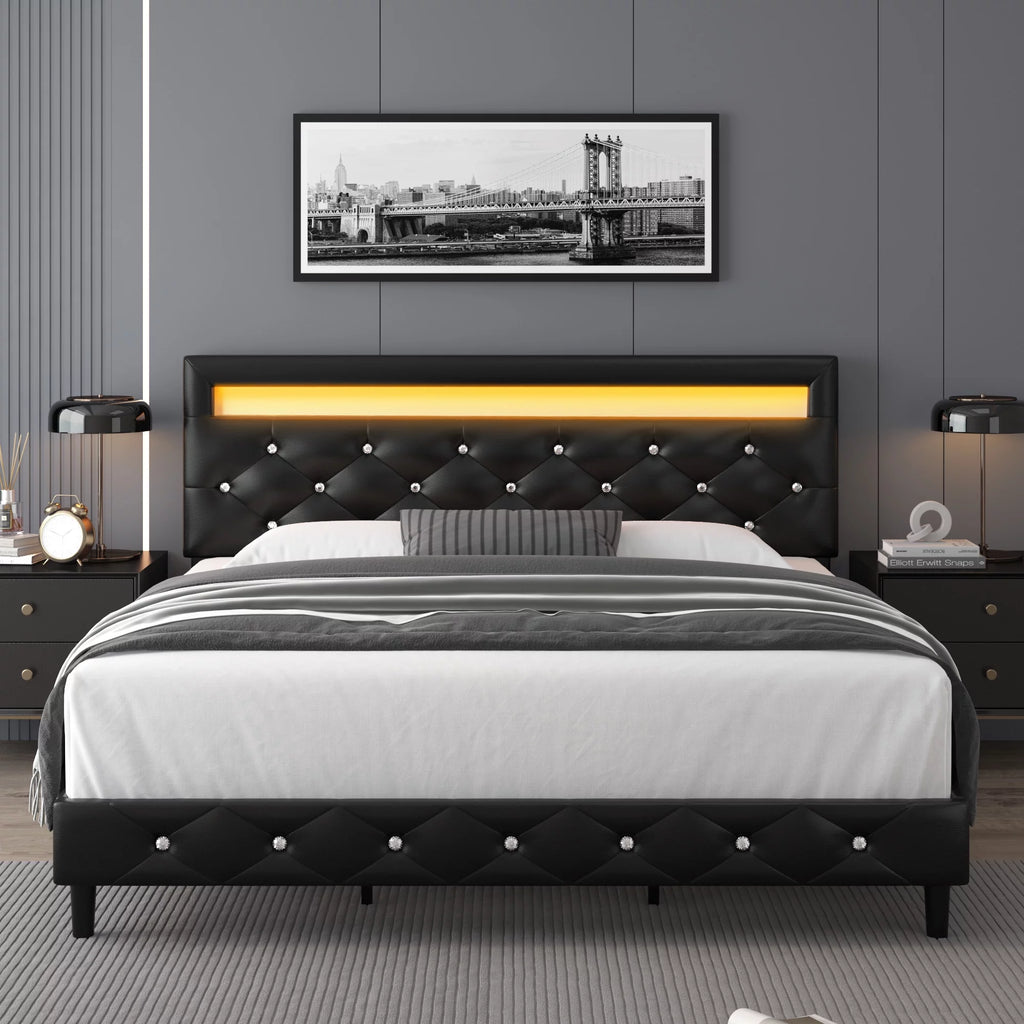 Queen Size LED Upholstered Platform Bed Frame with Adjustable Headboard E98544