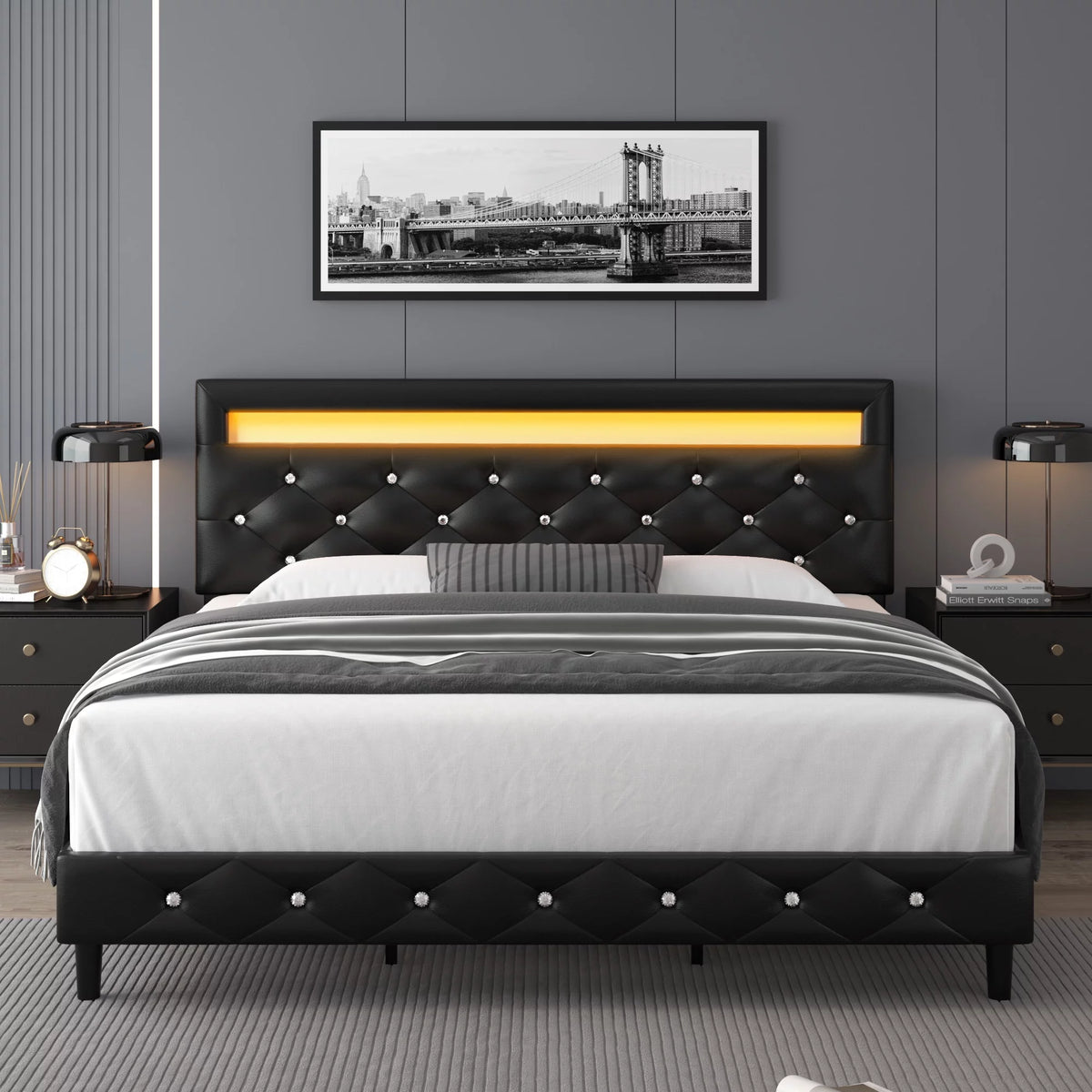 Queen Size LED Upholstered Platform Bed Frame with Adjustable Headboard E98544