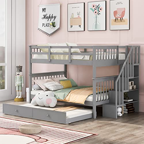Full Over Full Wood Bunk Bed with Twin Trundle and Stairs, White N1296