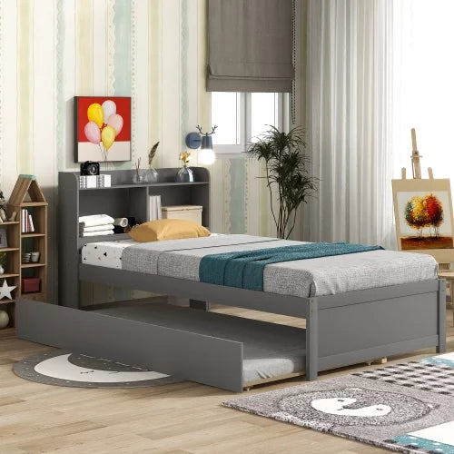White Twin Size Wood Platform Bed with Trundle and Storage Headboard I37018