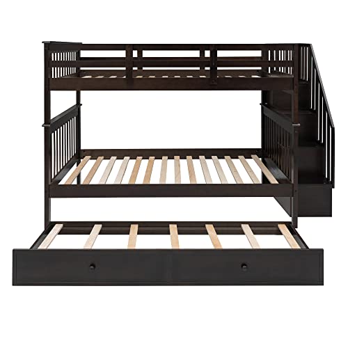 Full Over Full Wood Bunk Bed with Twin Trundle and Stairs, White N1296