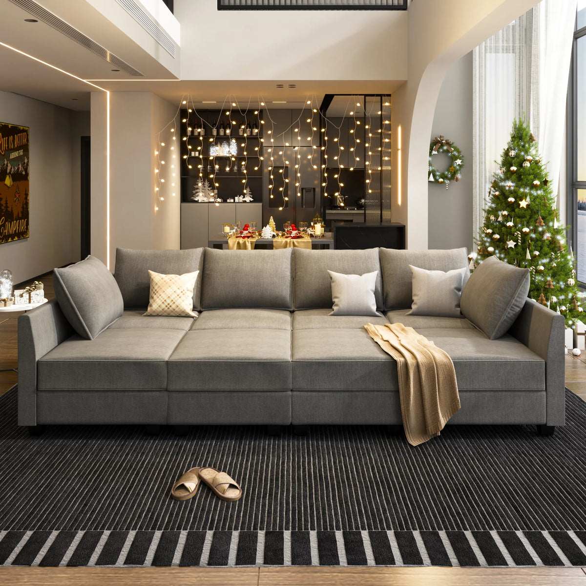 Grey Convertible Sleeper Sofa Bed with Storage Ottomans Q863552