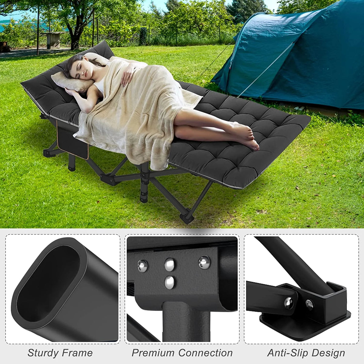 Oversized XXL Folding Camping Cot with Cushion & Carry Bag V412