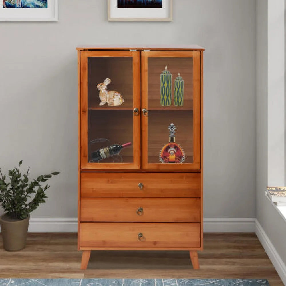 Wooden Storage Pantry Cupboard with 3 Drawers and 2 Acrylic Doors Brown V4718