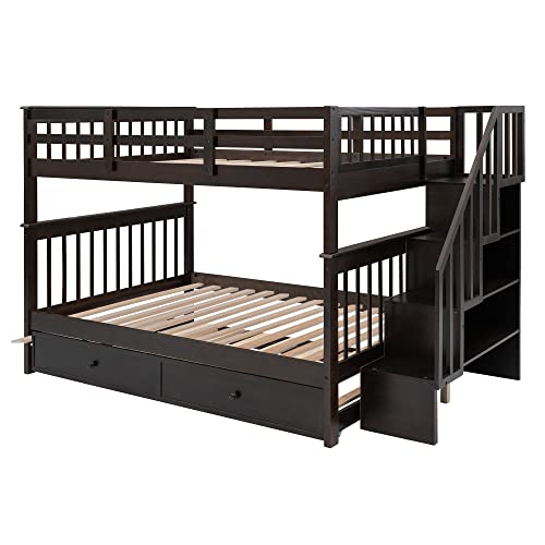 Full Over Full Wood Bunk Bed with Twin Trundle and Stairs, White N1296