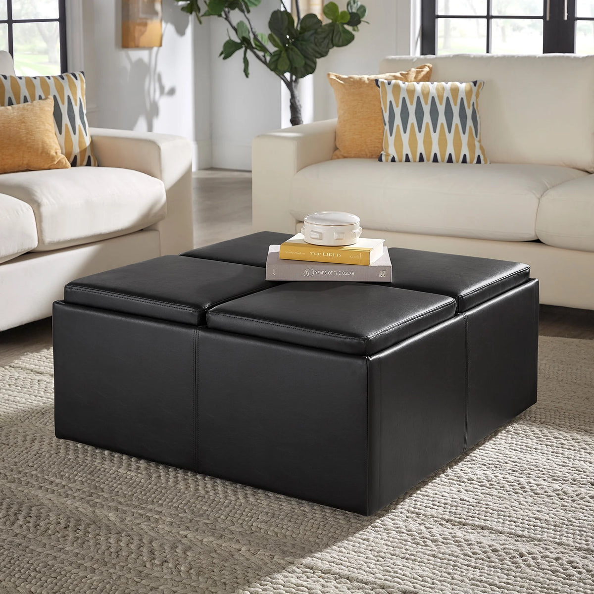 Dark Brown Faux Leather Storage Ottoman with 4 Trays I96435