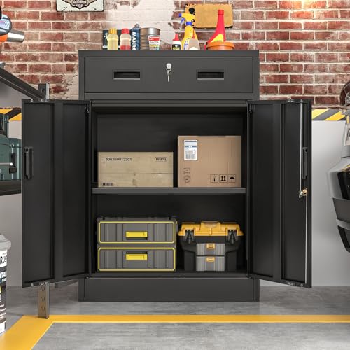 Black Metal Storage Cabinet with Adjustable Shelf and 2 Drawers G738