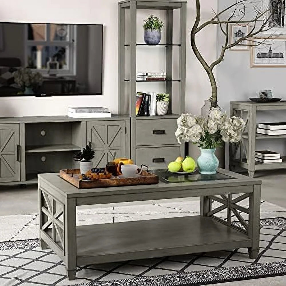 Solid Wood Coffee Table with Glass Top O208672