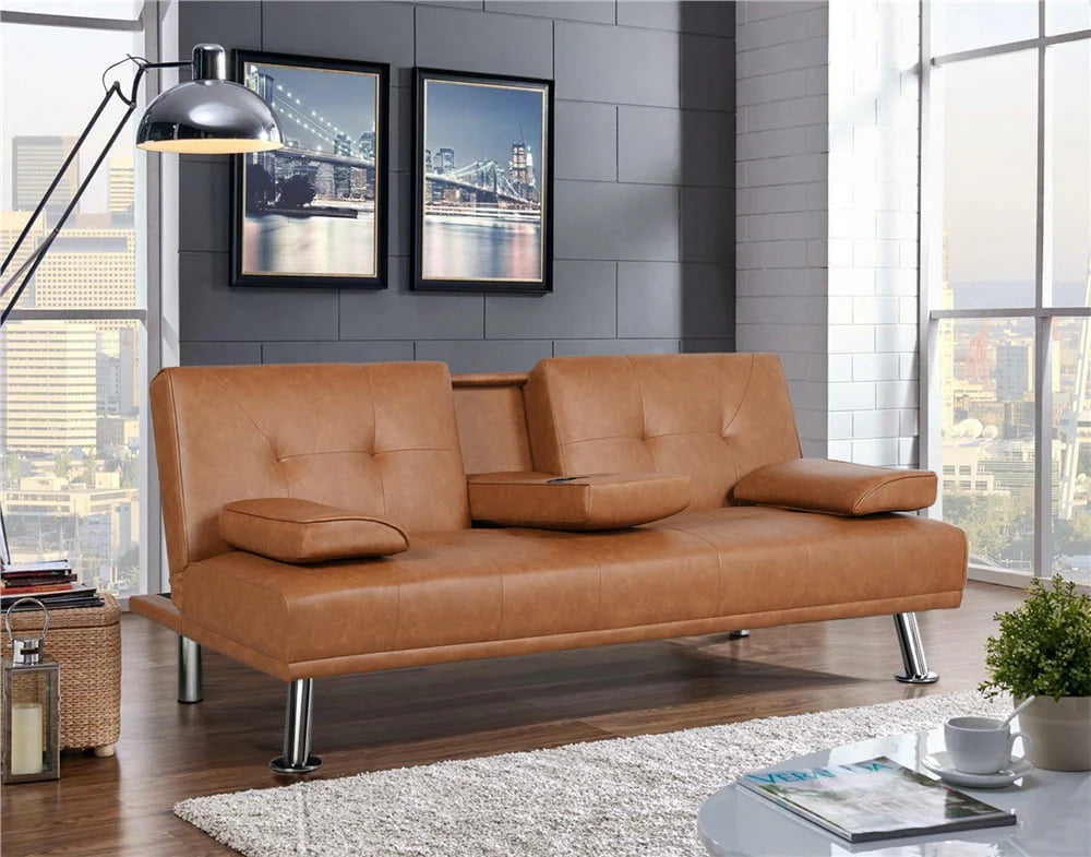 Gray Faux Leather Futon with Cupholders and Pillows J4372