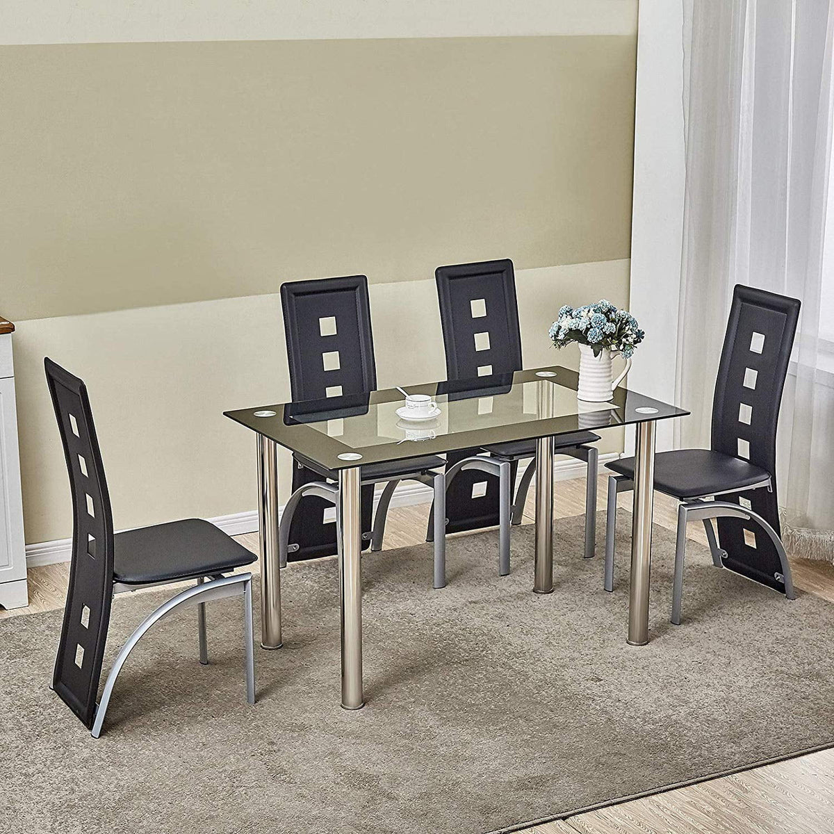5 Piece Tempered Glass Dining Table Set with 4 Chairs Z2890