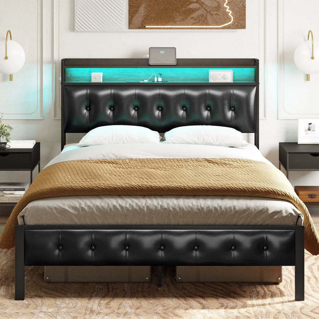 Queen Upholstered Platform Bed Frame with Storage Headboard A88214
