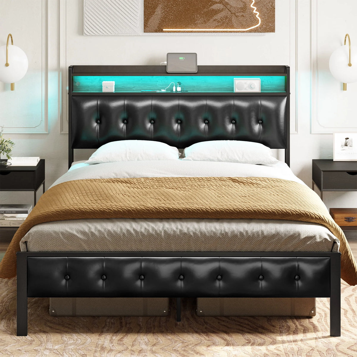 Queen Upholstered Platform Bed Frame with Storage Headboard A88214