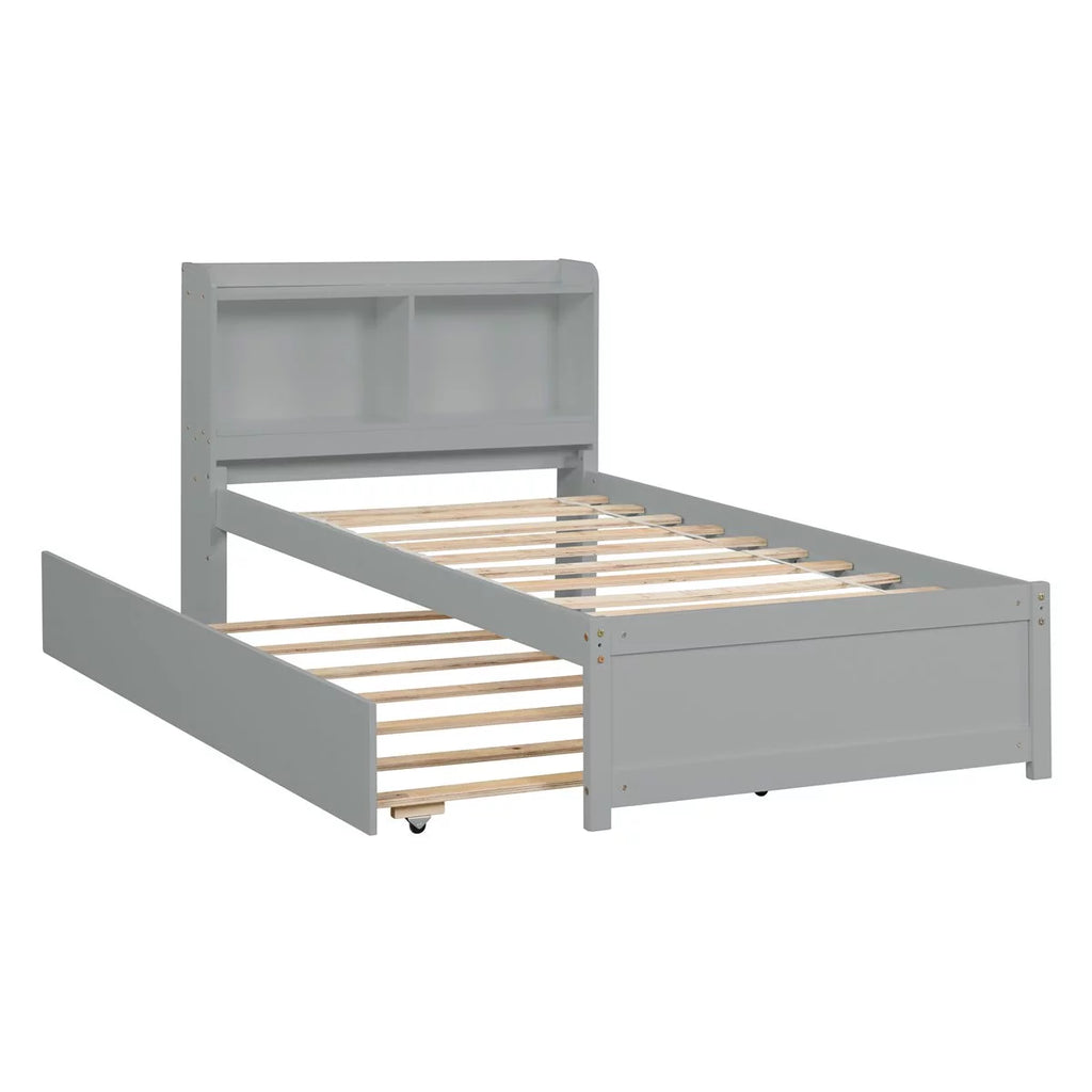 White Twin Size Wood Platform Bed with Trundle and Storage Headboard I37018