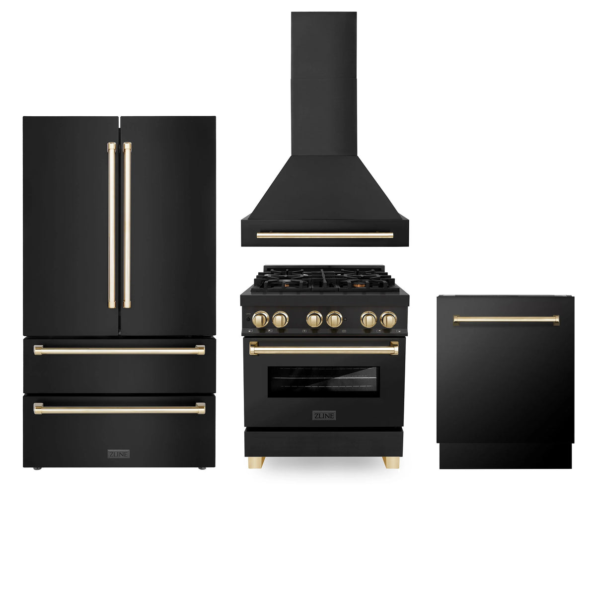 30 Dual Fuel Range, Range Hood, Refrigerator, Dishwasher in Black Stainless L795250
