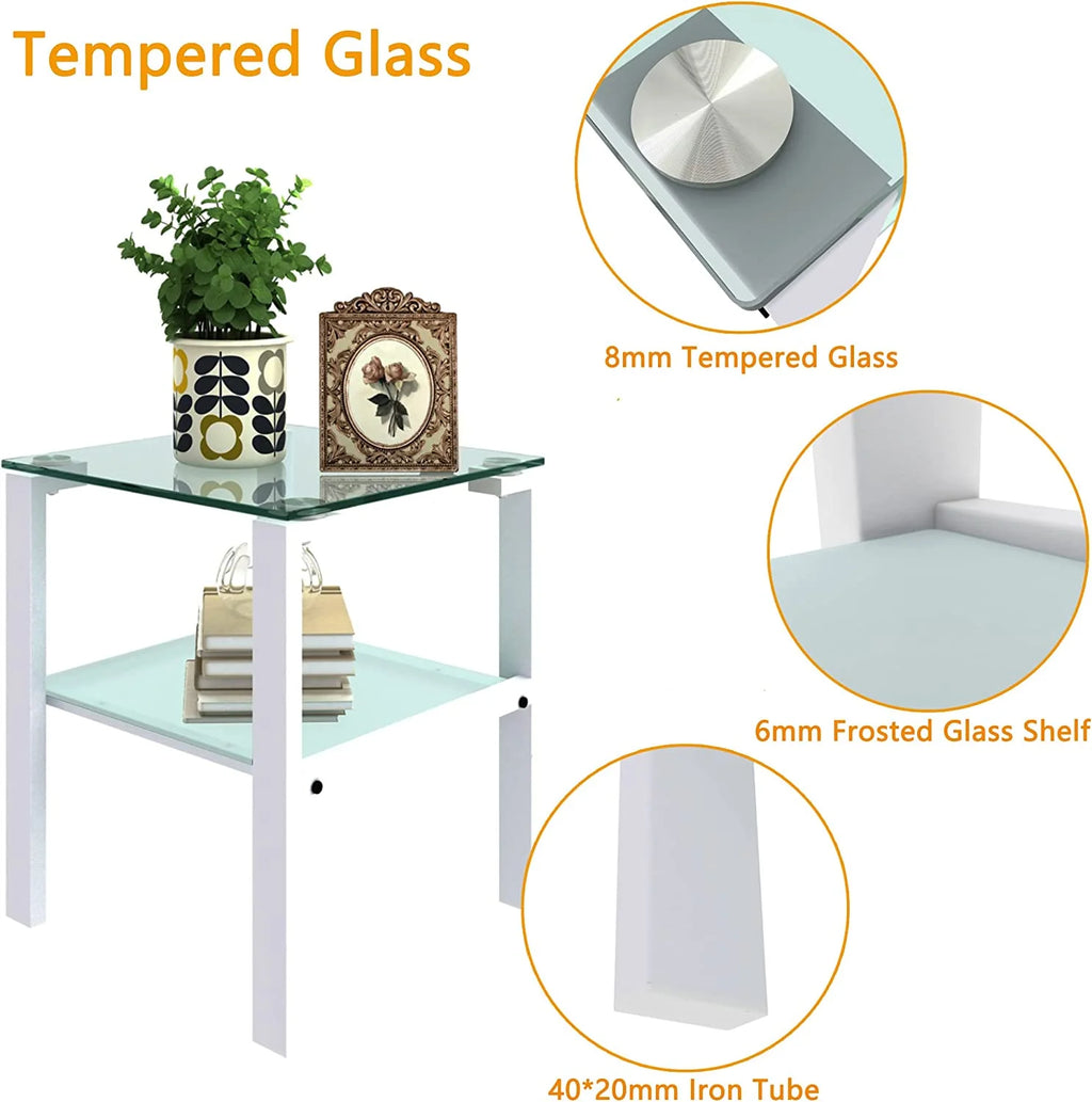 Glass End Table, 2 Layer White Small Corner Table V25306
