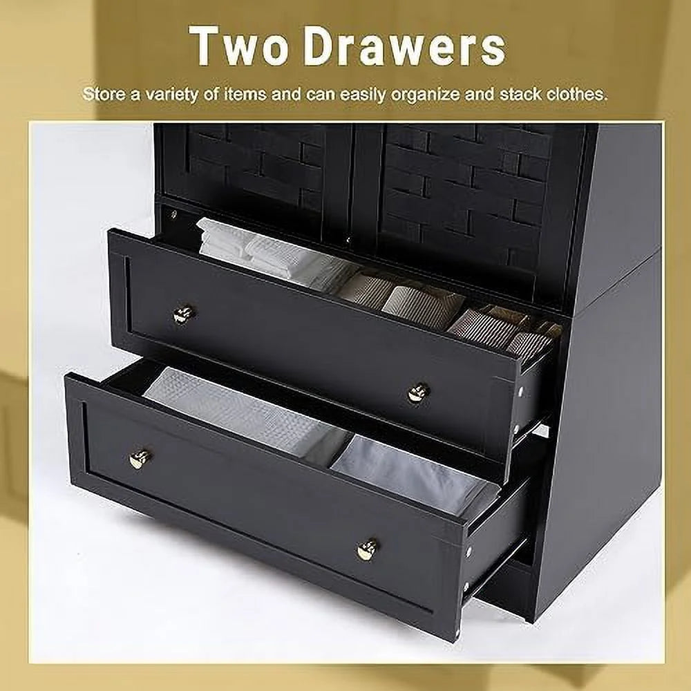 Black 2 Door 2 Drawer Wooden Armoire Wardrobe Closet with Hanging Rail X530447