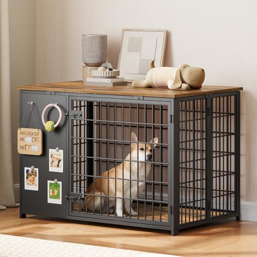 Foldable White and Walnut Wooden Dog Crate Furniture G90331