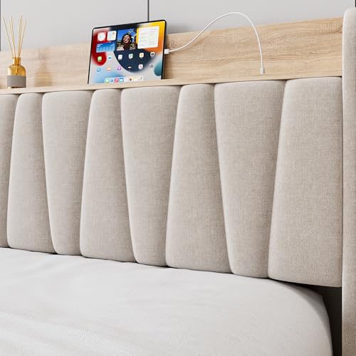 Beige Queen Size Upholstered Platform Bed Frame with Storage Headboard and Drawers X966645