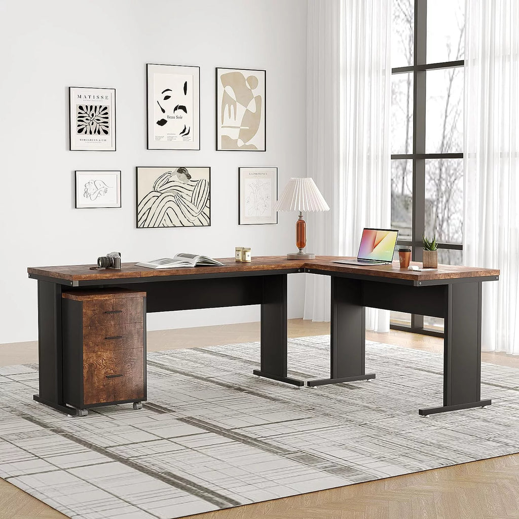 83" L-Shaped Executive Desk with 3-Drawer File Cabinet W113221