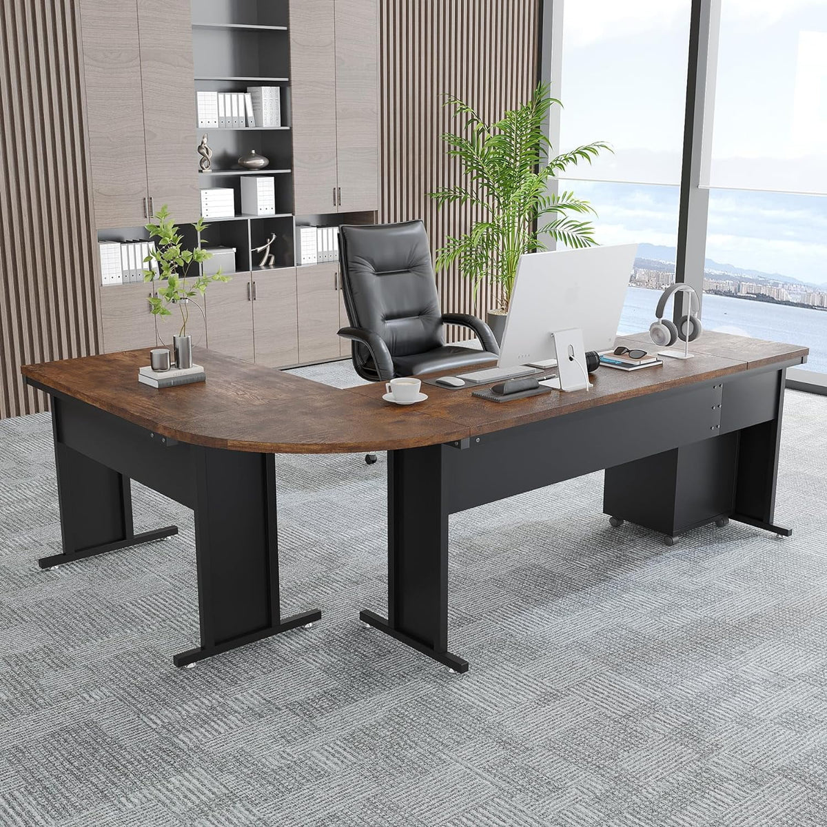 83" L-Shaped Executive Desk with 3-Drawer File Cabinet W113221