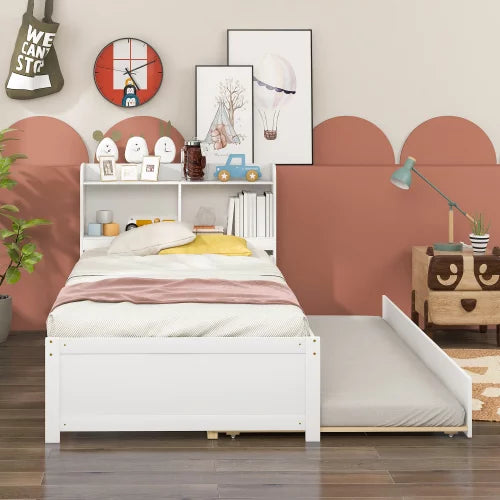 White Twin Size Wood Platform Bed with Trundle and Storage Headboard I37018