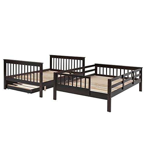Full Over Full Wood Bunk Bed with Twin Trundle and Stairs, White N1296