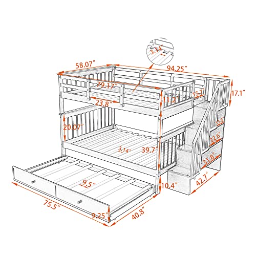 Full Over Full Wood Bunk Bed with Twin Trundle and Stairs, White N1296