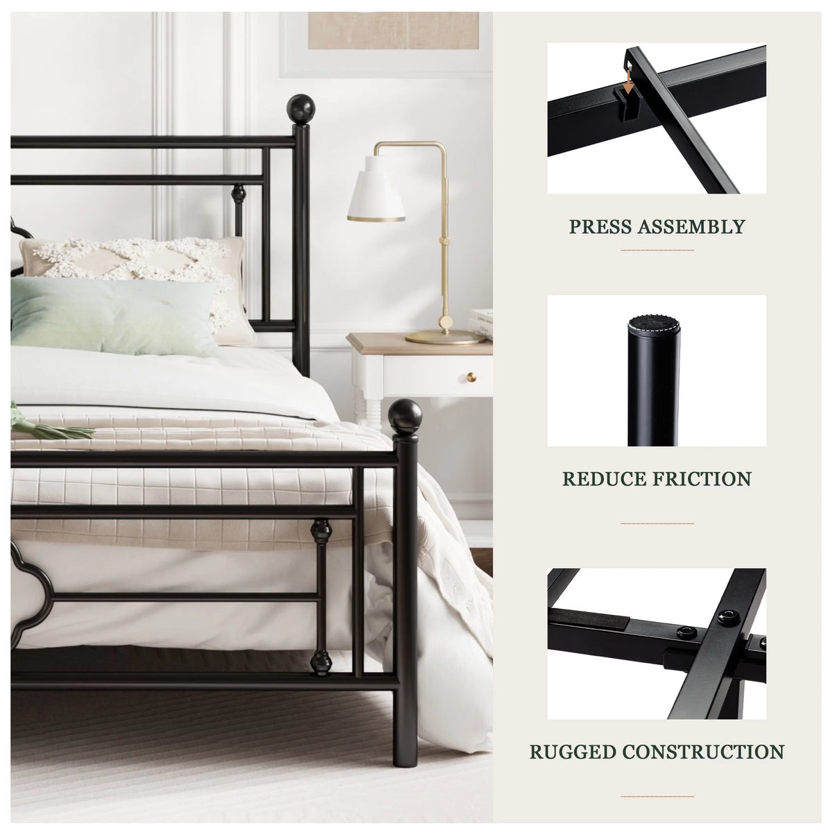 King Size Black Metal Platform Bed Frame with Cross Pattern Headboard Footboard M469921