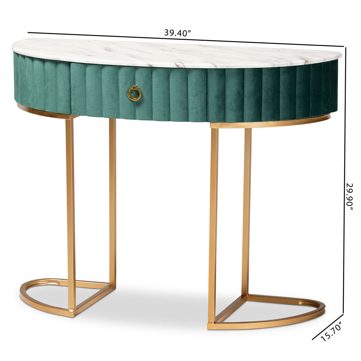 Green Velvet 1-Drawer Console Table with Faux Marble Tabletop S2217