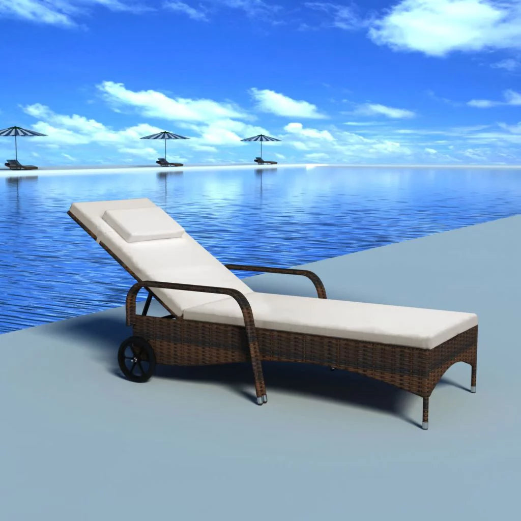 Brown Poly Rattan Chaise Lounge with Wheels G7906