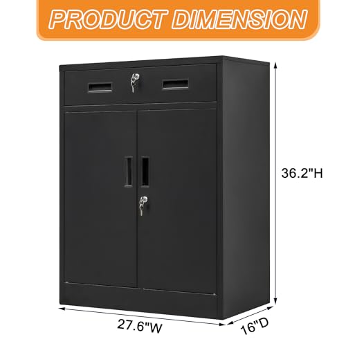 Black Metal Storage Cabinet with Adjustable Shelf and 2 Drawers G738