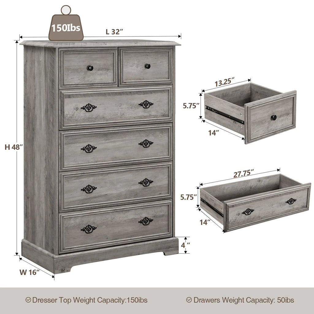 Grey 6 Drawer Wood Dresser H582