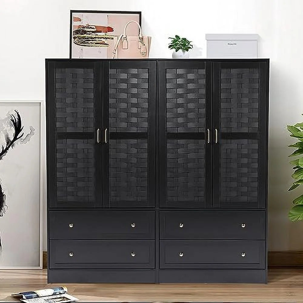 Black 2 Door 2 Drawer Wooden Armoire Wardrobe Closet with Hanging Rail X530447