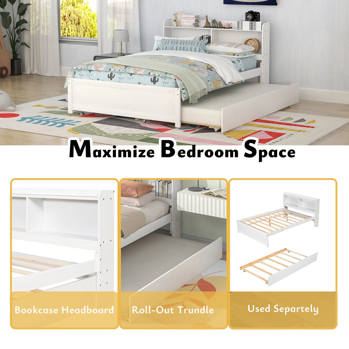 White Wood Full Size Trundle Bed with Bookcase Headboard N500171
