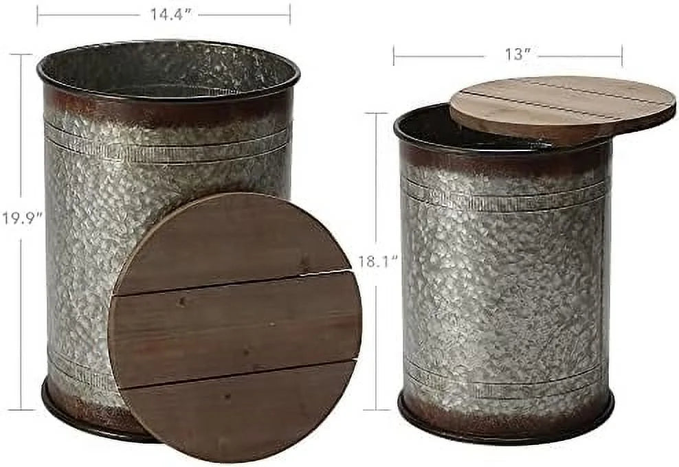 Farmhouse Accent Side Table Ottoman Seat Stool Metal End Table Box Bin with Round Wood Lid C177