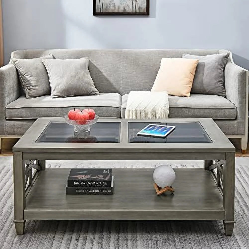 Solid Wood Coffee Table with Glass Top O208672