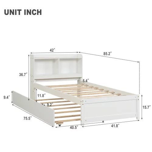 White Twin Size Wood Platform Bed with Trundle and Storage Headboard I37018