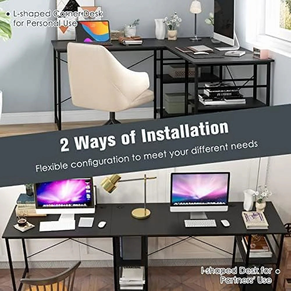 L-Shaped Convertible Computer Desk with 4-Tier Shelves E850