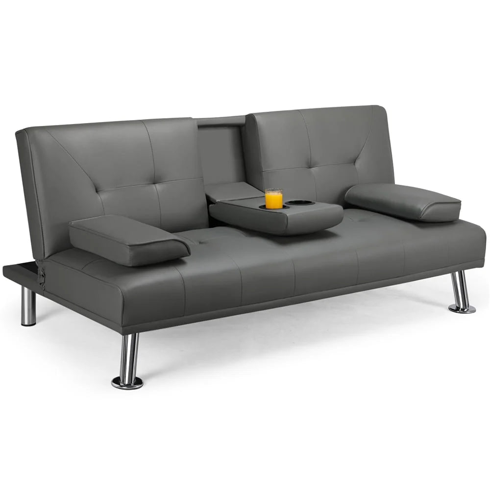 Gray Faux Leather Futon with Cupholders and Pillows J4372
