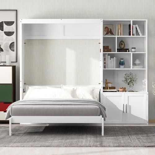 White Full Size Wood Murphy Bed with Storage Shelves and Cabinet W498594
