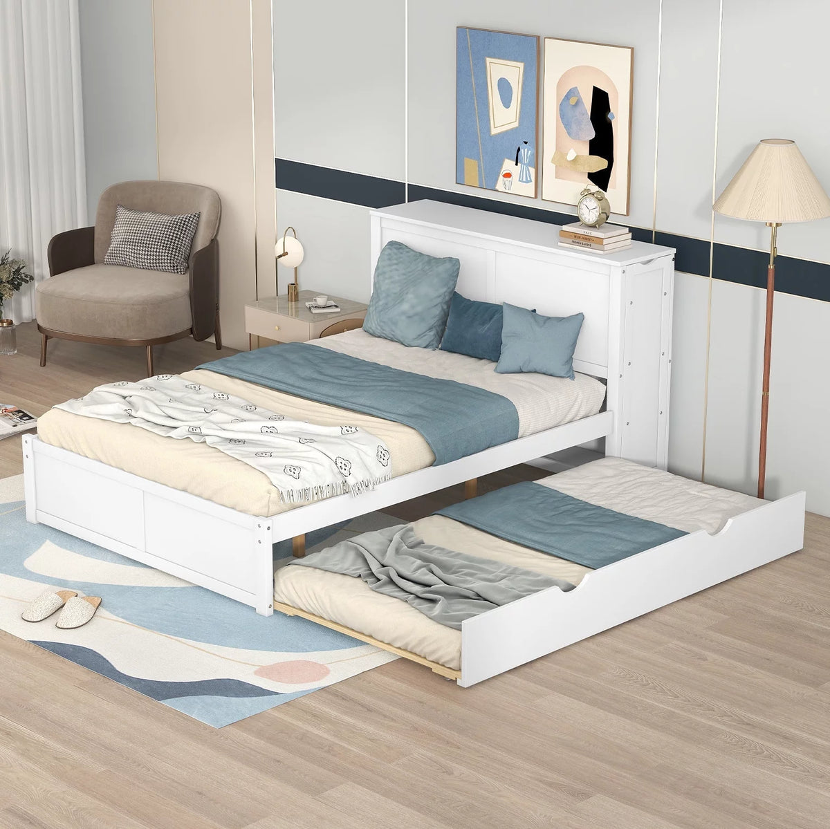 Full Size Wood Platform Bed with Trundle and Storage O84366