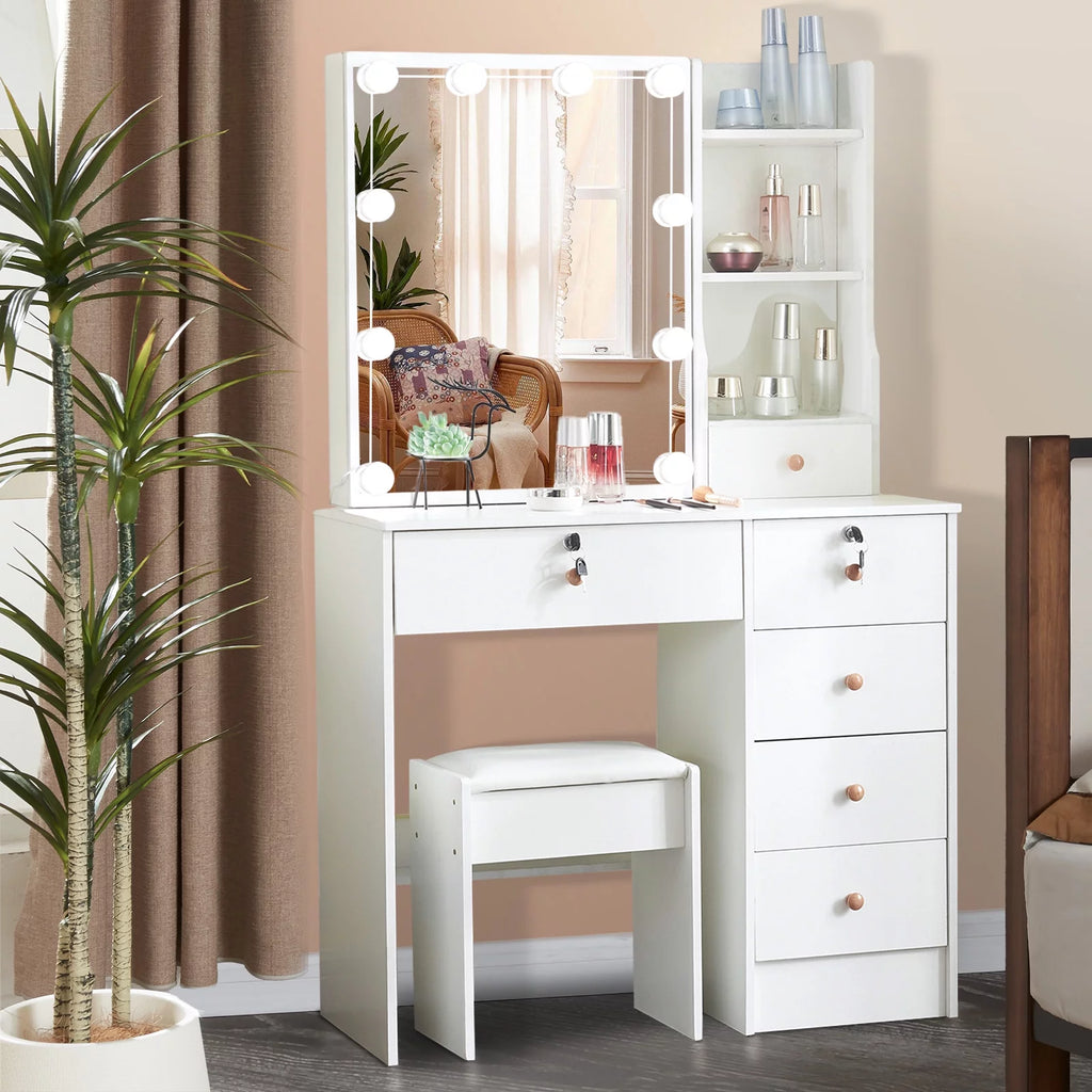 White Makeup Vanity with Sliding Mirror and Stool C6349